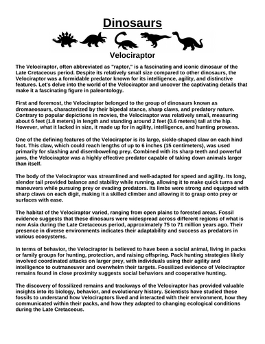 Velociraptor  “Article & Questions” Assignment
