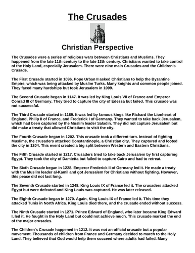Crusades: Christian Perspective “Article & Questions” Assignment