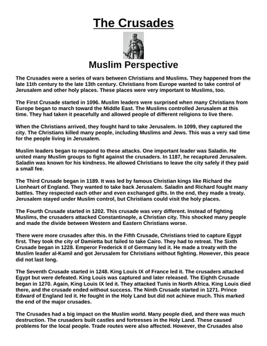 Crusades: Muslim Perspective "Article & Questions” Assignment
