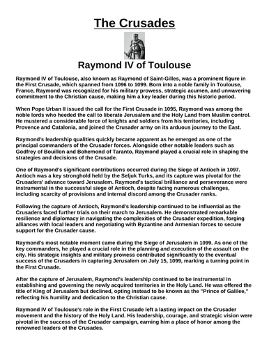 Crusades: Raymond IV of Toulouse “Article & Questions” Assignment