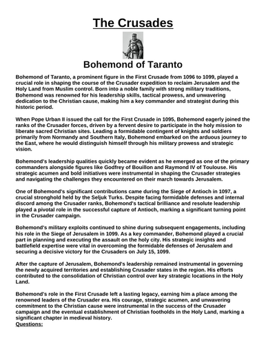 Crusades: Bohemond of Taranto “Article & Questions” Assignment
