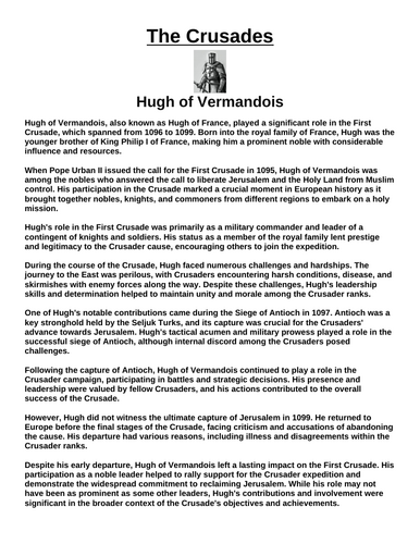 Crusades: Hugh of Vermandois “Article & Questions” Assignment