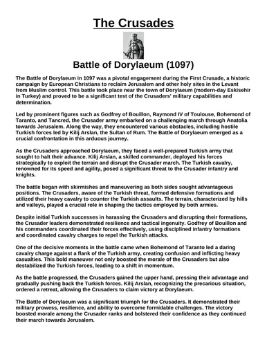 Crusades: Battle of Dorylaeum (1097) “Article & Questions” Assignment