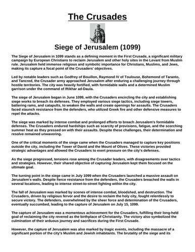 Crusades: Siege of Jerusalem (1099) “Article & Questions” Assignment