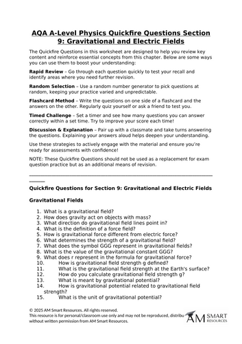 AQA A-Level Physics Quickfire Questions Section 9: Gravitational and Electric Fields