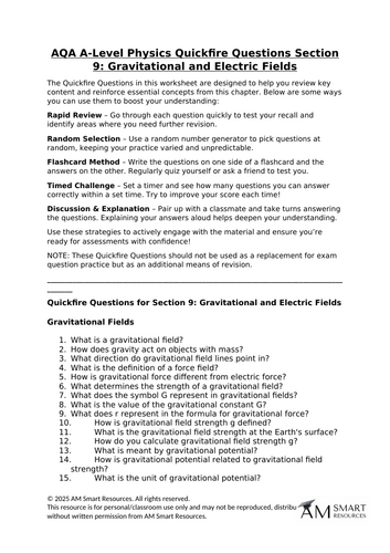 AQA A-Level Physics Quickfire Questions Section 9: Gravitational and Electric Fields