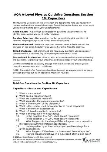 AQA A-Level Physics Quickfire Questions Section 10: Capacitors