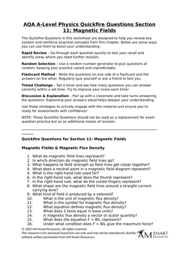 AQA A-Level Physics Quickfire Questions Section 11: Magnetic Fields