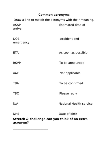 Understanding acronyms worksheet task