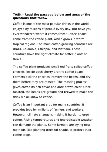 Reading comprehension tasks on Chocolate and Coffee