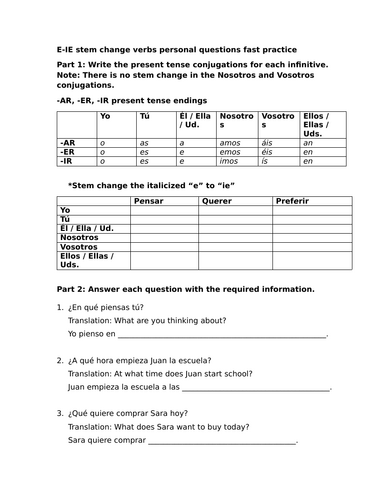 E-IE stem change verbs personal questions fast practice