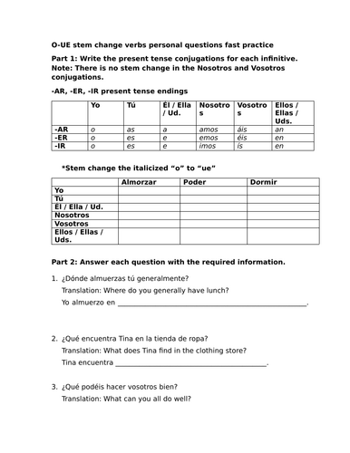 O-UE stem change verbs personal questions fast practice