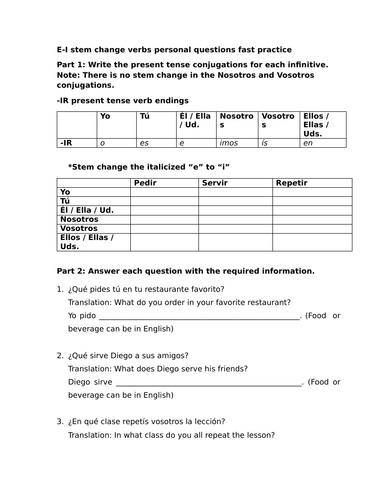 E-I stem change verbs personal questions fast practice