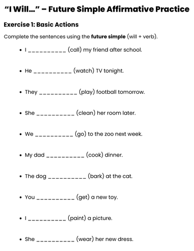 future simple affirmative exercise