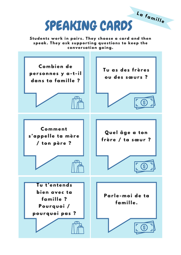 French Speaking Cards – La Famille (GCSE Style Questions)