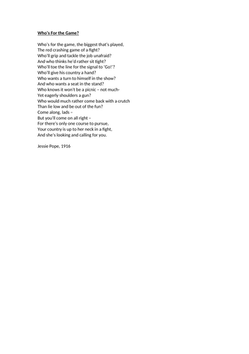 World War 1 Poetry - Analysing Who's for the game?