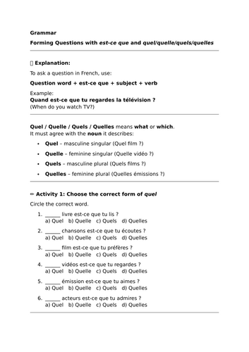 GCSE French (Higher) - Module 1 - Qu'est-ce que tu regardes? - Grammar - Questions