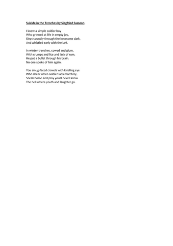 World War 1 Poetry - Suicide in the Trenches
