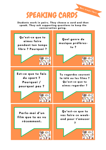 French Speaking Cards – Mon temps libre (GCSE Style Questions)