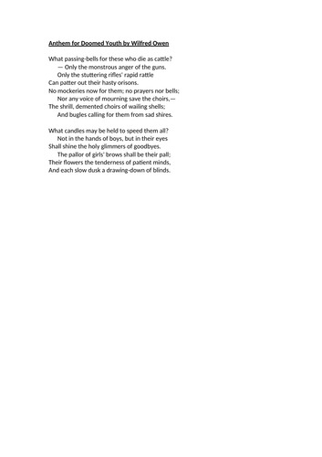 World War 1 Poetry - Analysing Anthem for Doomed Youth