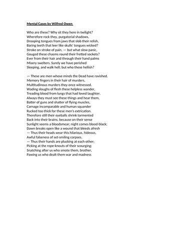 World War 1 Poetry - Analysing Mental Cases by Wilfred Owen