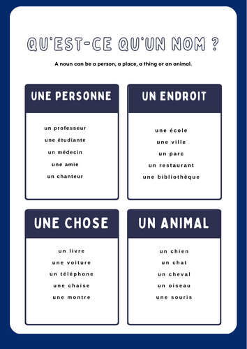 French Vocabulary & Grammar Unit – Nouns, Verbs & Adjectives (People, Places, Things, Animals)