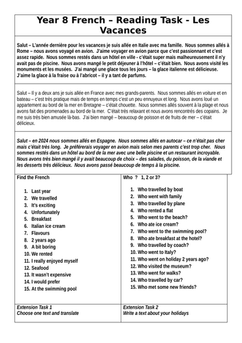 Y8 French Cover Reading Past tense Holidays