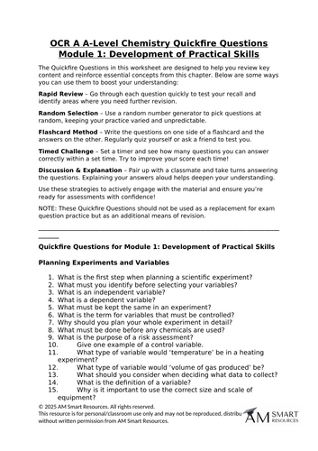 OCR A A-Level Chemistry Quickfire Questions Module 1: Development of Practical Skills