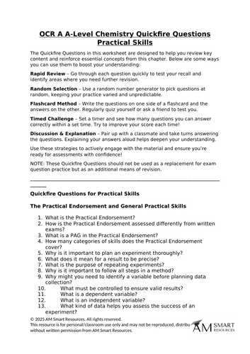 OCR A A-Level Chemistry Quickfire Questions Practical Skills