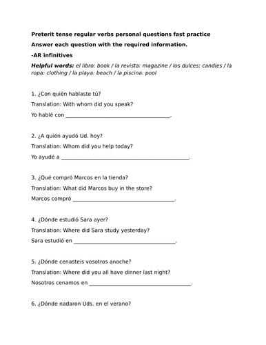 Preterit tense regular verbs personal questions fast practice