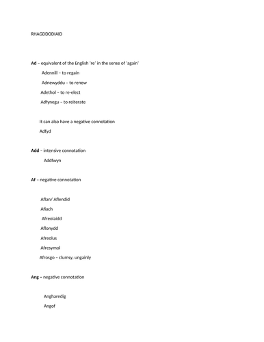 CYMRAEG IAITH GYNTAF: SAFON UWCH: ystyr rhai RHAGDDODIAID (prefixes)