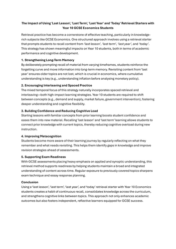 Impacts of Retrieval Starters on Year 10 AQA Economics Students