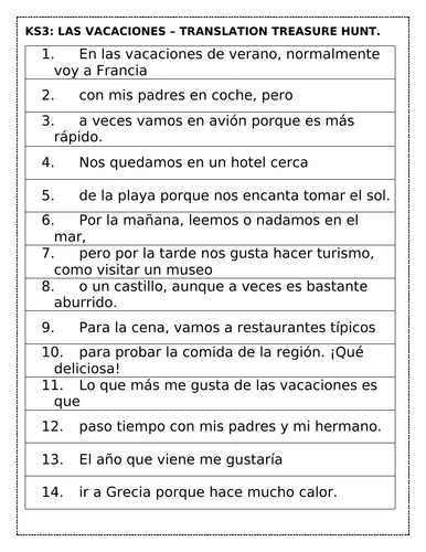 KS3 Spanish: Las vacaciones translation