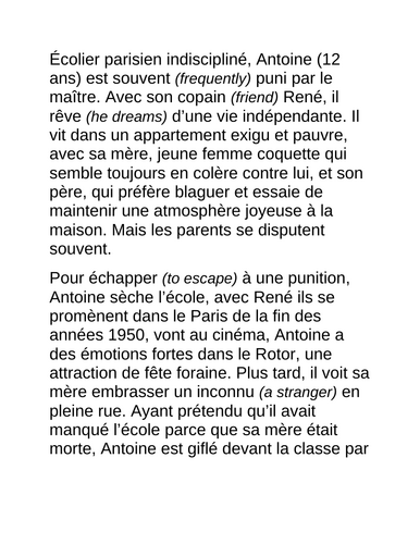 Revision NOTES 'Les 400 Coups" FRENCH A LEVEL