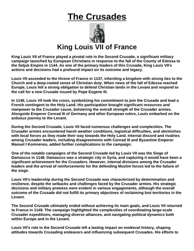 Crusades: King Louis VII of France “Article & Questions” Assignment
