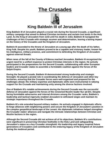 Crusades: King Baldwin III of Jerusalem “Article & Questions” Assignment