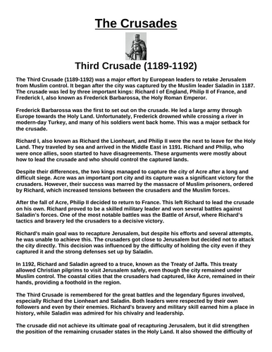Third Crusade (1189-1192) “Article & Questions” Assignment