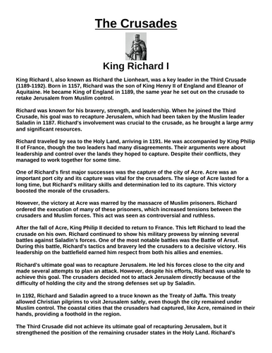 Crusades: King Richard I “Article & Questions” Assignment