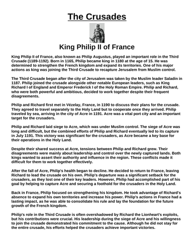 Crusades: King Philip II of France “Article & Questions” Assignment