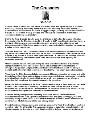 Crusades: Saladin “Article & Questions” Assignment