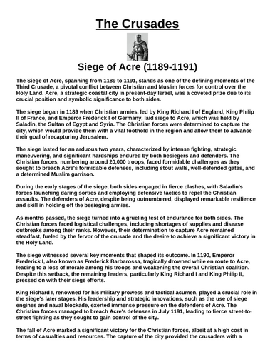 Crusades: Siege of Acre (1189-1191) “Article & Questions” Assignment