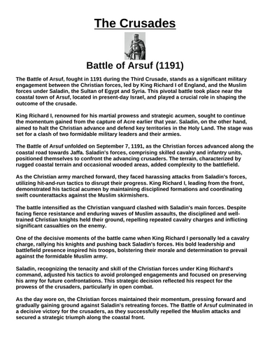 Crusades: Battle of Arsuf (1191) “Article & Questions” Assignment