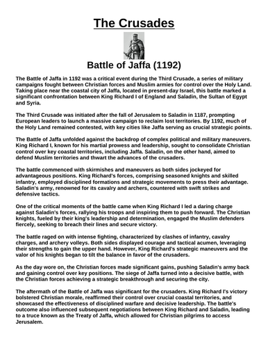 Crusades: Battle of Jaffa (1192) “Article & Questions” Assignment