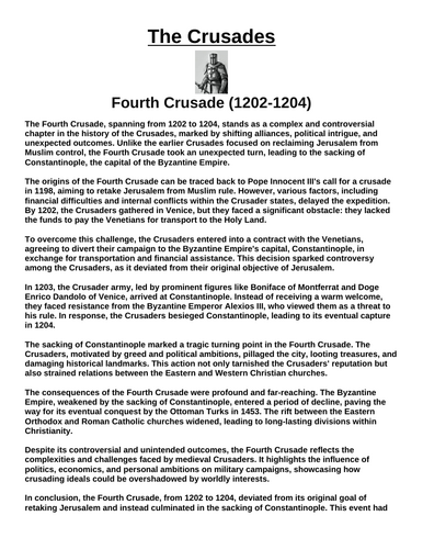 Fourth Crusade (1202-1204) “Article & Questions” Assignment