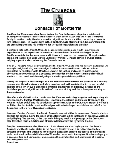Crusades: Boniface I of Montferrat “Article & Questions” Assignment