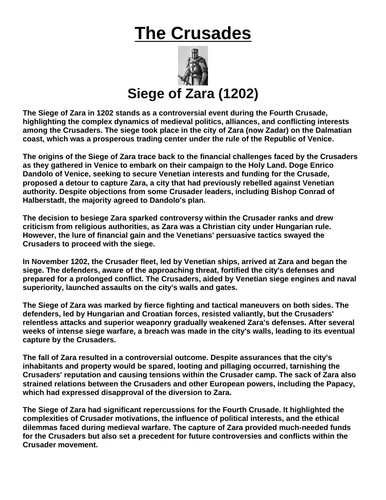 Crusades: Siege of Zara (1202) “Article & Questions” Assignment