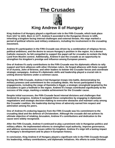 Crusades: King Andrew II of Hungary “Article & Questions” Assignment