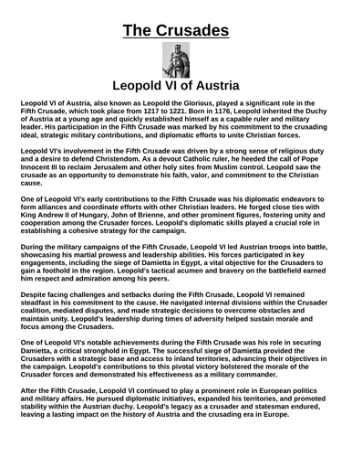 Crusades: Leopold VI of Austria “Article & Questions” Assignment