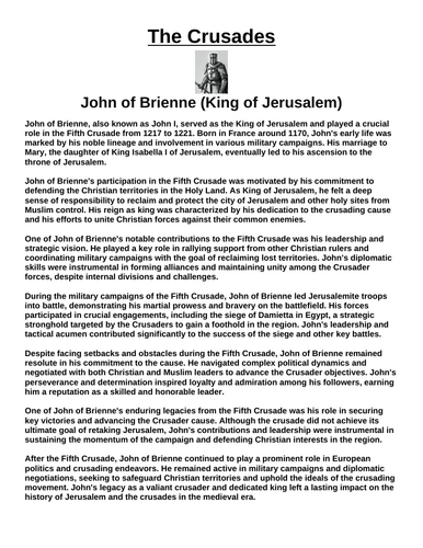 Crusades: John of Brienne (King of Jerusalem) “Article & Questions” Assignment