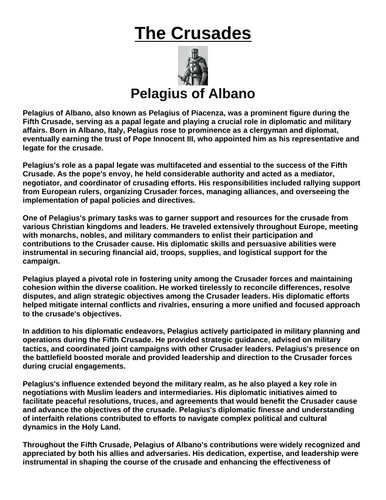 Crusades: Pelagius of Albano (papal legate) “Article & Questions” Assignment